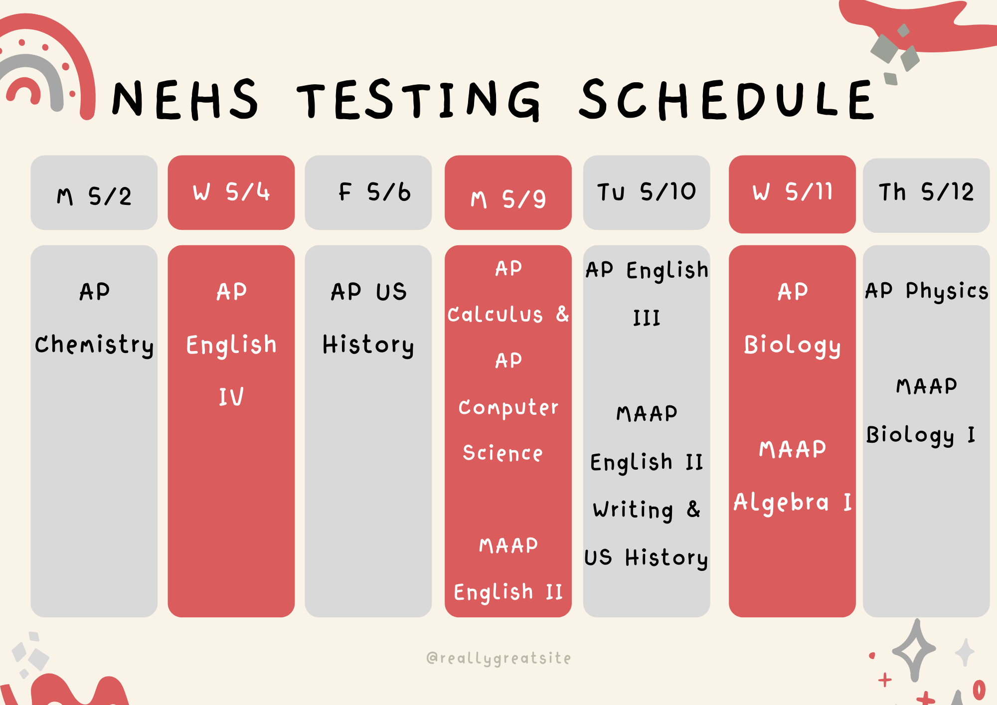 NEHS Testing Schedule